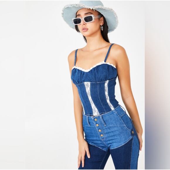 I.AM.GIA Corset Top Denim Lace Trim Bustier Camisole Y2K Coquette Festival Small - Picture 12 of 12